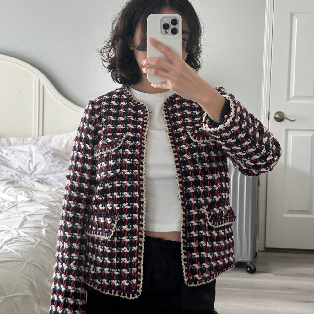 Zara Navy, Red & White Tweed Cropped Blazer - Picture 3 of 8
